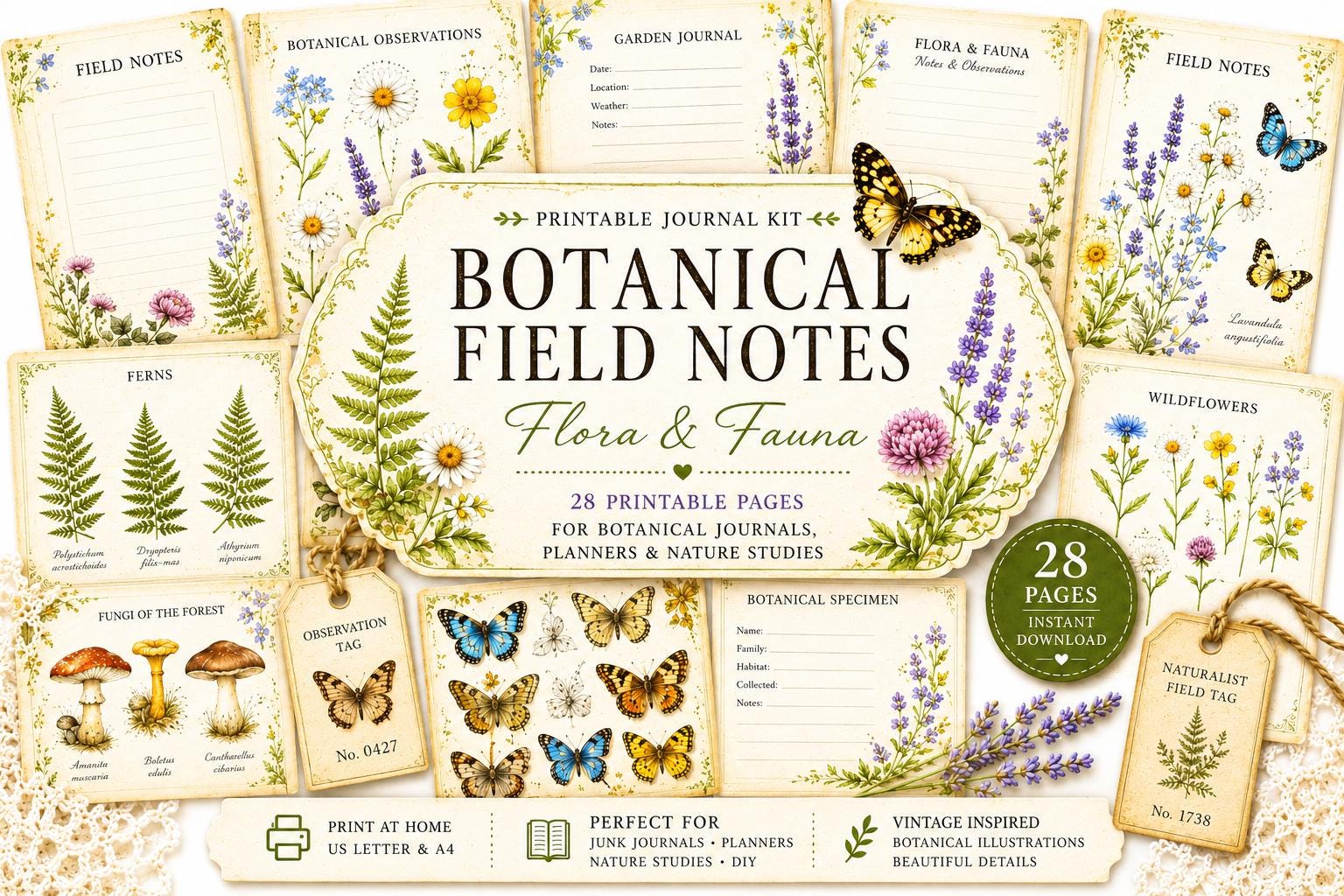 Botanical Field Notes – Flora & Fauna Journal Kit | Vintage Nature Printable Pages