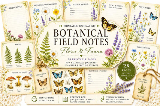 Botanical Field Notes – Flora & Fauna Journal Kit | Vintage Nature Printable Pages