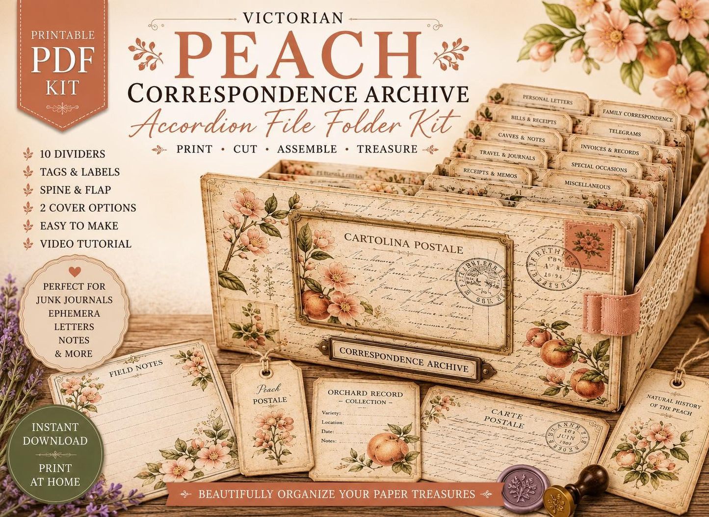 Victorian Peach Correspondence Archive Accordion File Folder Kit | Printable Junk Journal Organizer | Ephemera Storage PDF