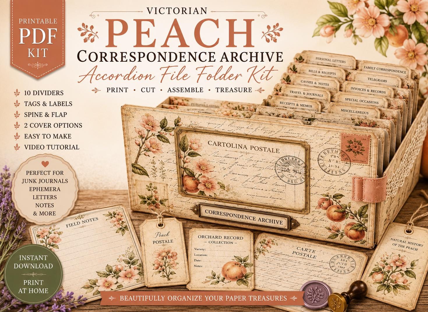 Victorian Peach Correspondence Archive Accordion File Folder Kit | Printable Junk Journal Organizer | Ephemera Storage PDF