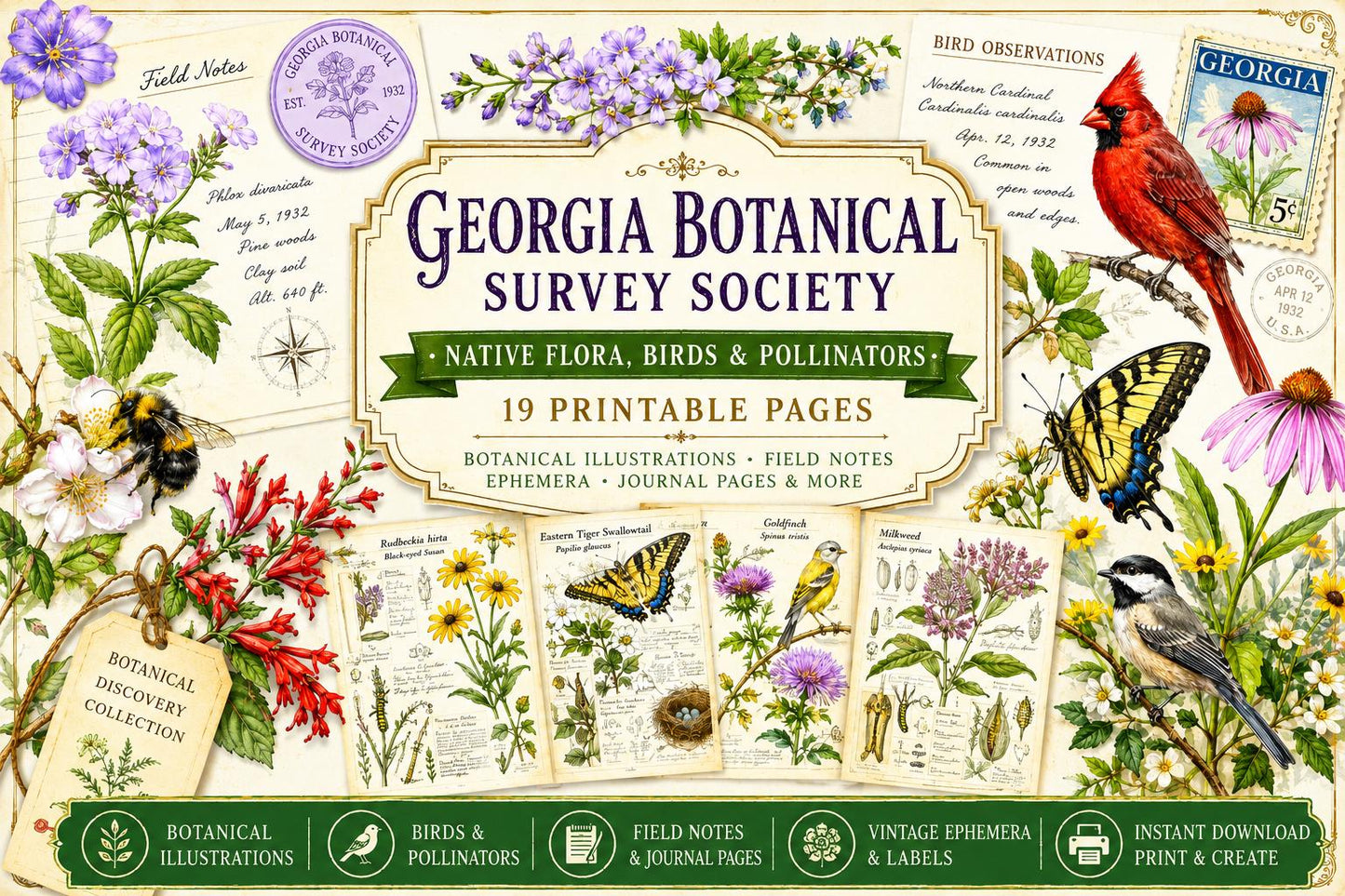 Georgia Botanical Survey Society | Native Flora, Birds & Pollinators | Botanical Journal Pages | Printable Junk Journal Kit | 19 Page PDF