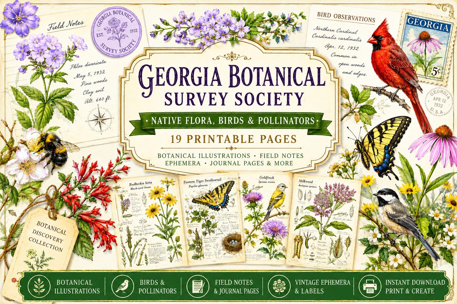 Georgia Botanical Survey Society | Native Flora, Birds & Pollinators | Botanical Journal Pages | Printable Junk Journal Kit | 19 Page PDF