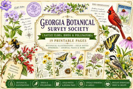 Georgia Botanical Survey Society | Native Flora, Birds & Pollinators | Botanical Journal Pages | Printable Junk Journal Kit | 19 Page PDF