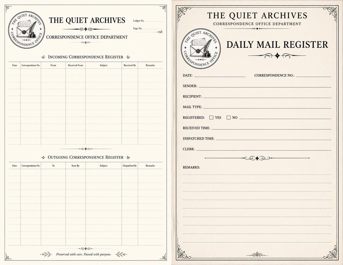 The Quiet Archives Correspondence Office Records | Printable Vintage Ledger & Office Forms | Junk Journal Writing Pages