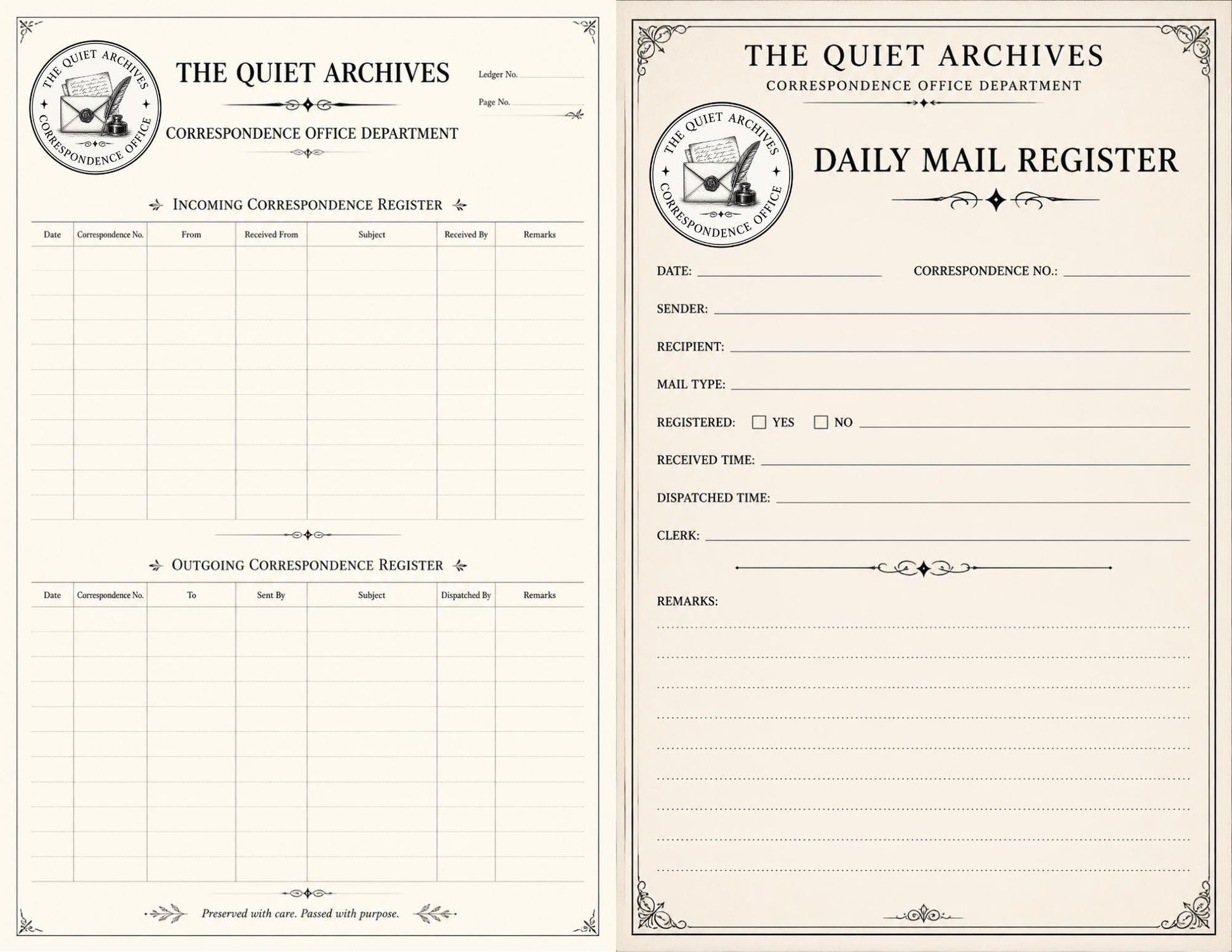 The Quiet Archives Correspondence Office Records | Printable Vintage Ledger & Office Forms | Junk Journal Writing Pages