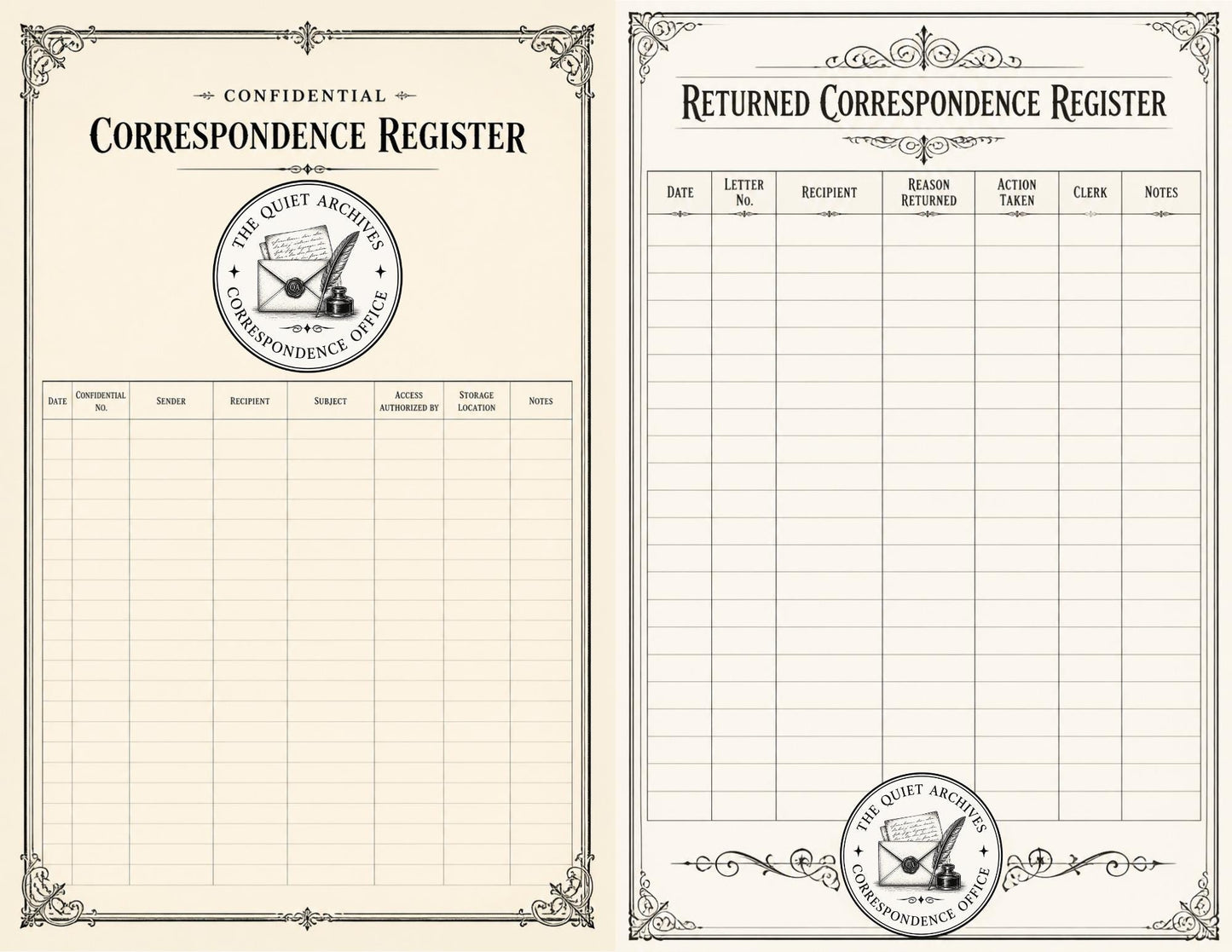 The Quiet Archives Correspondence Office Records | Printable Vintage Ledger & Office Forms | Junk Journal Writing Pages