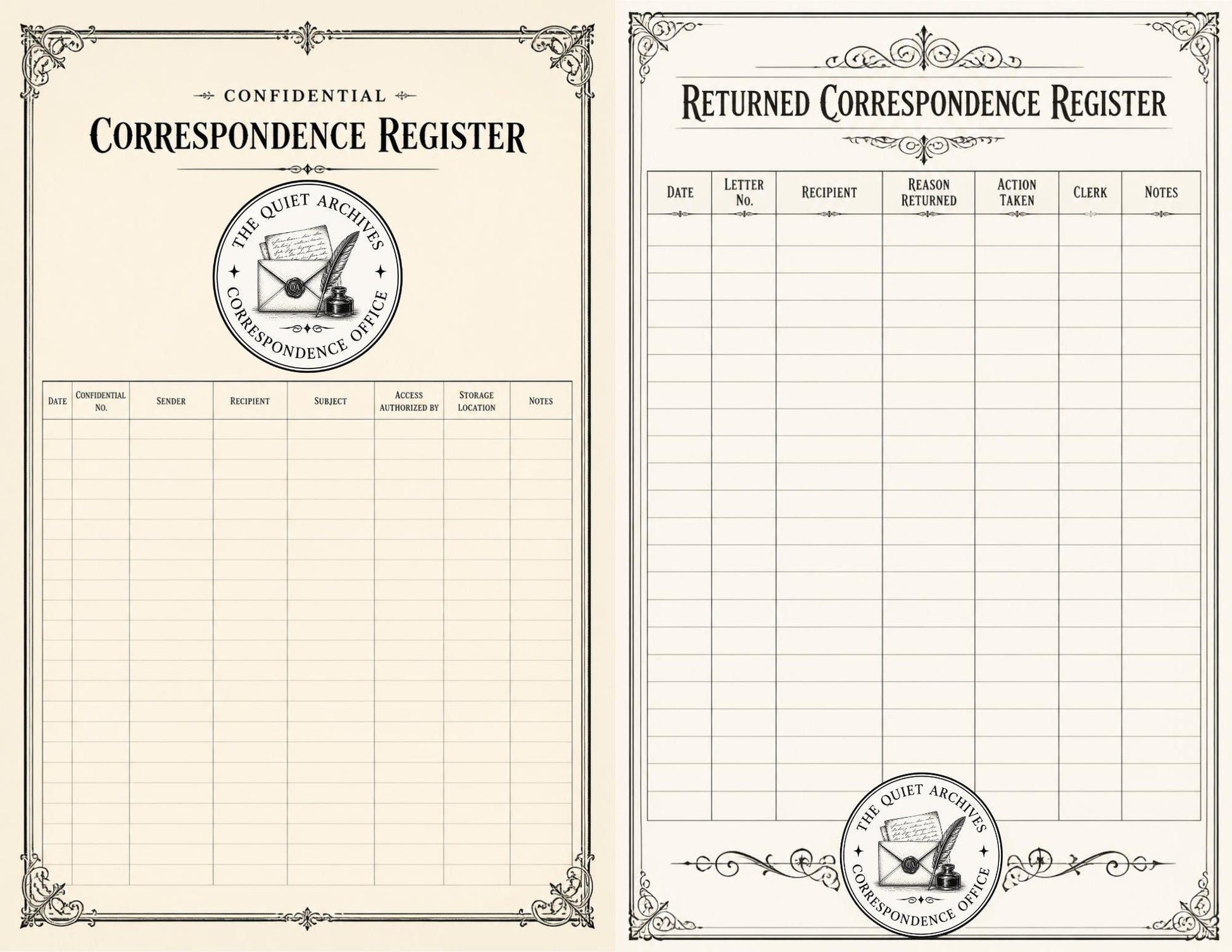 The Quiet Archives Correspondence Office Records | Printable Vintage Ledger & Office Forms | Junk Journal Writing Pages