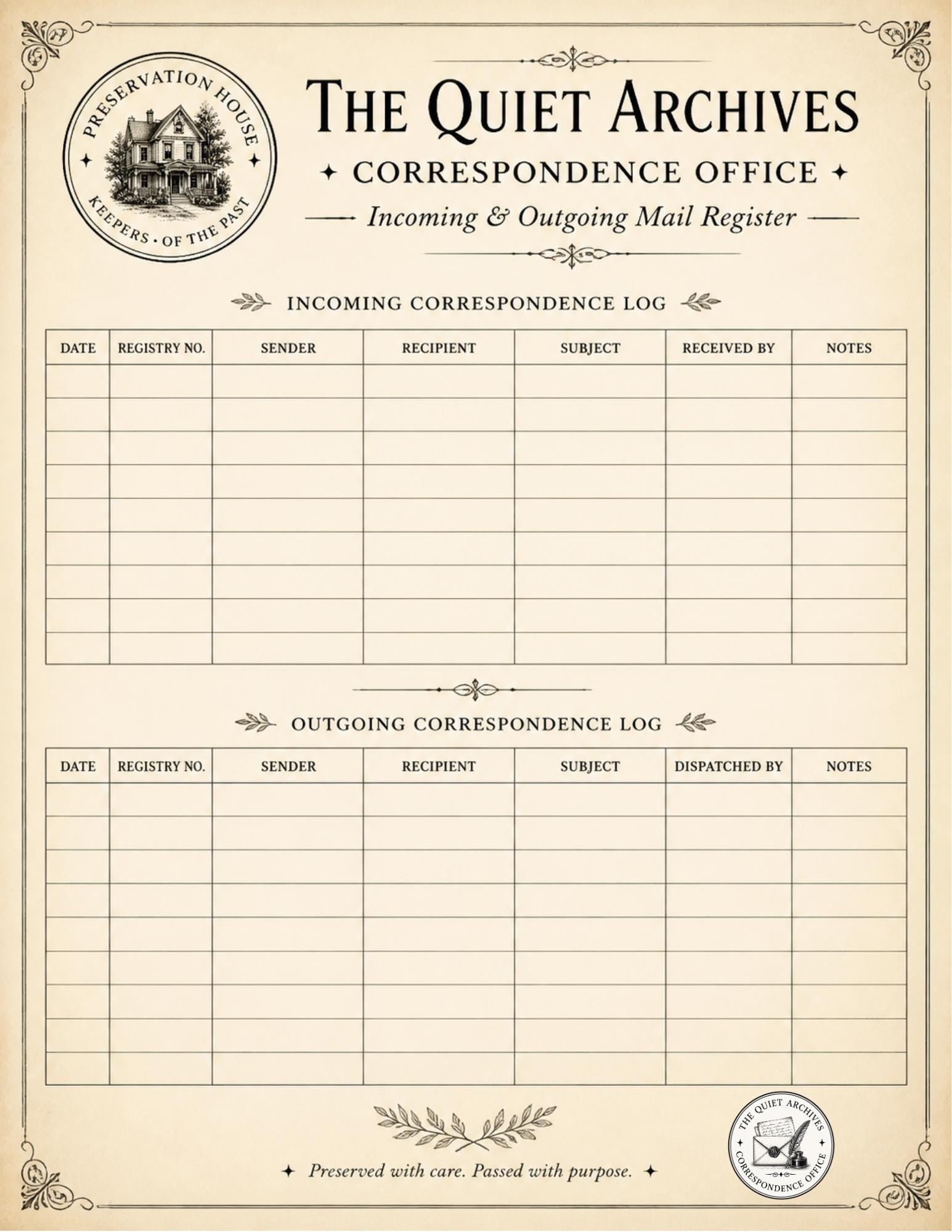 The Quiet Archives Correspondence Office Records | Printable Vintage Ledger & Office Forms | Junk Journal Writing Pages