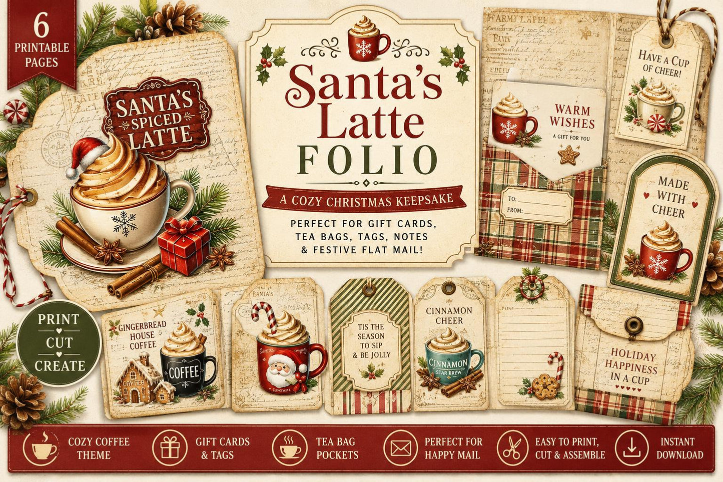 Santa's Latte Printable Folio Gift Card Holder Kit, Cozy Christmas Junk Journal Folio, Tea Bag Holder, Gift Card Pocket, Holiday Ephemera
