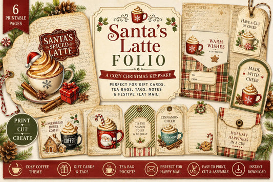 Santa's Latte Printable Folio Gift Card Holder Kit, Cozy Christmas Junk Journal Folio, Tea Bag Holder, Gift Card Pocket, Holiday Ephemera