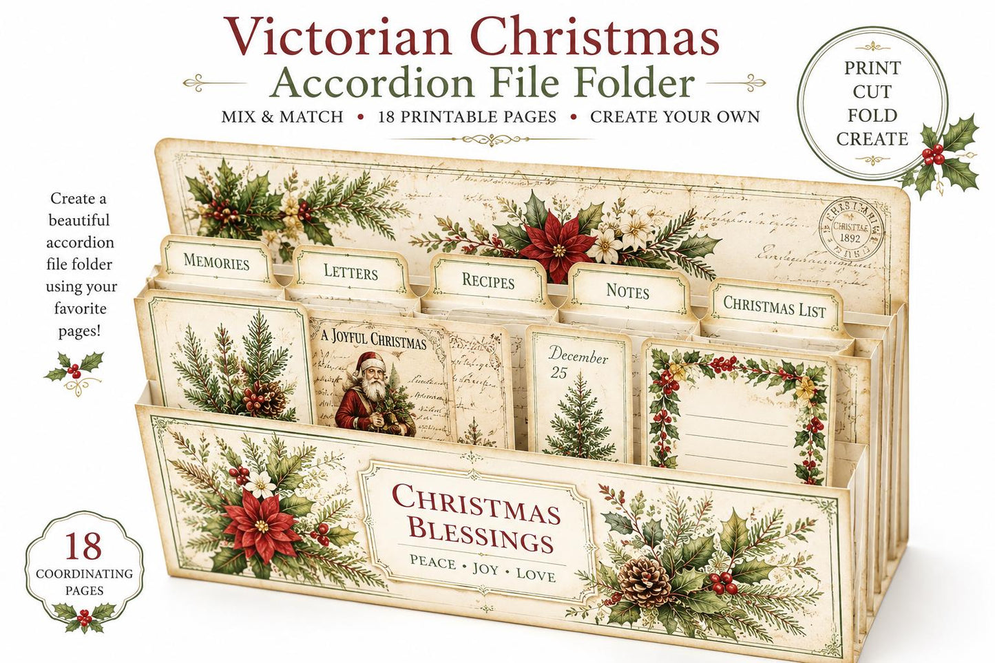 Victorian Christmas Accordion File Folder | 18 Printable Pages | Mix & Match Junk Journal Kit | Holiday Ephemera | Vintage Christmas Prints