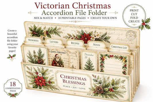 Victorian Christmas Accordion File Folder | 18 Printable Pages | Mix & Match Junk Journal Kit | Holiday Ephemera | Vintage Christmas Prints