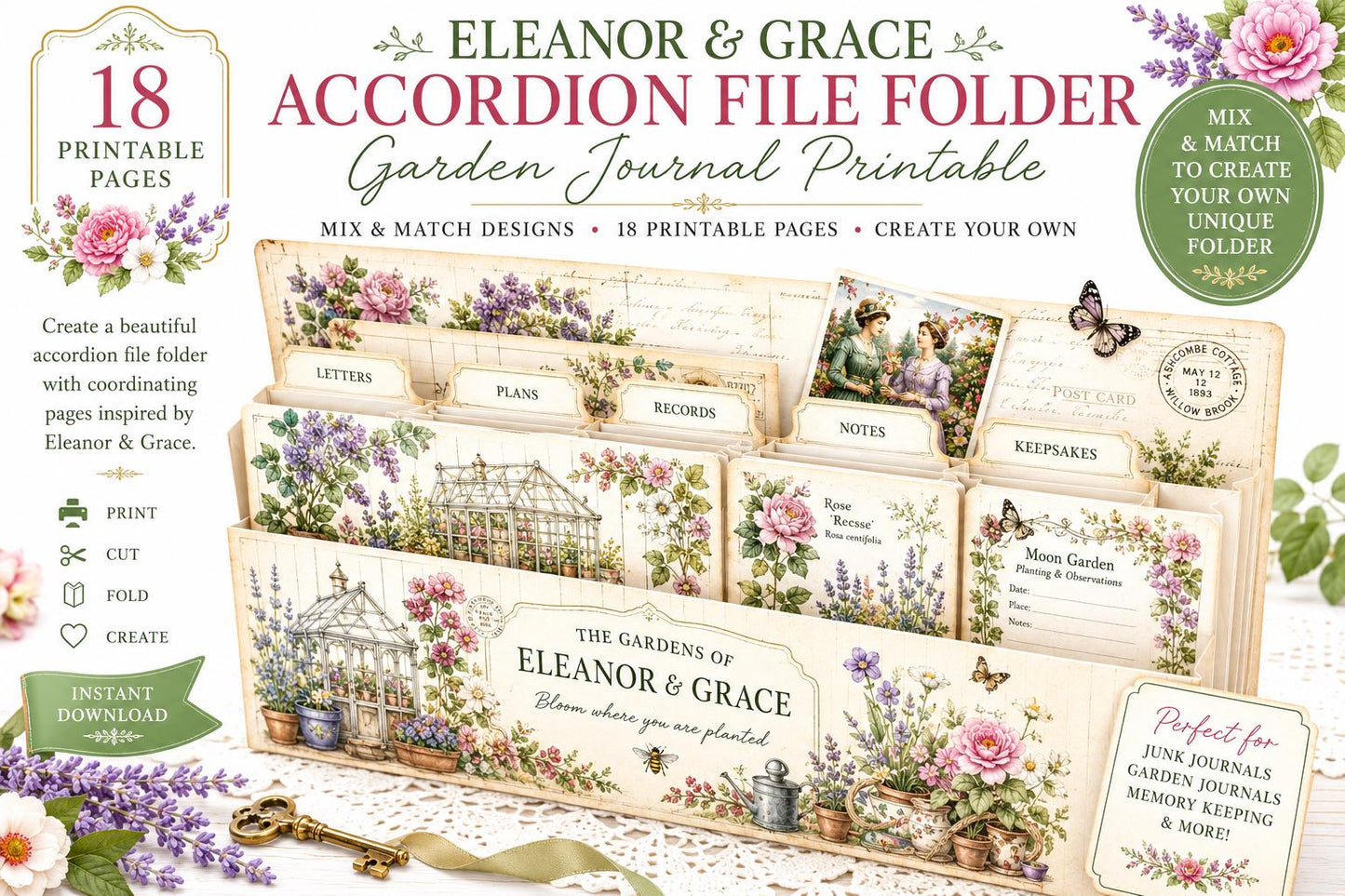 Eleanor & Grace Accordion File Folder | Garden Journal Printable | 18 Page Digital Kit | Junk Journal | Instant Download