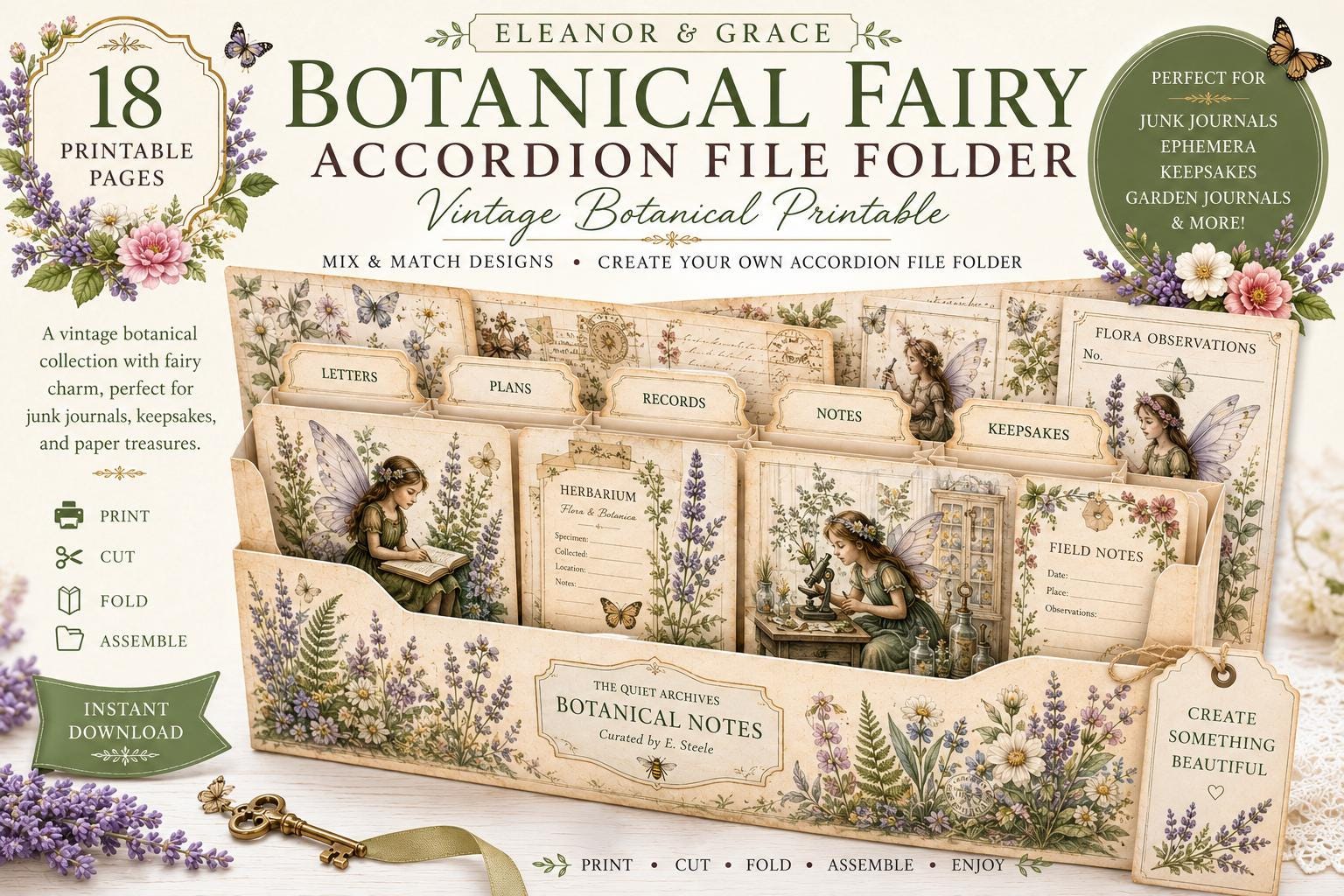 Botanical Fairy Accordion File Folder Printable | Vintage Herbarium Journal Kit | Eleanor & Grace Digital Download