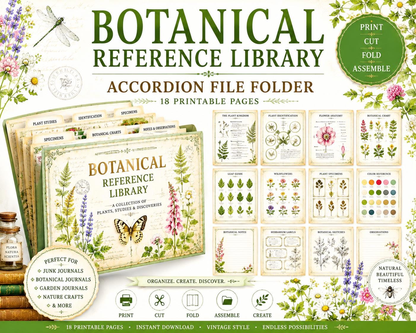 Botanical Reference Library Accordion File Folder Printable | Vintage Plant Study | Junk Journal Kit | Instant Download