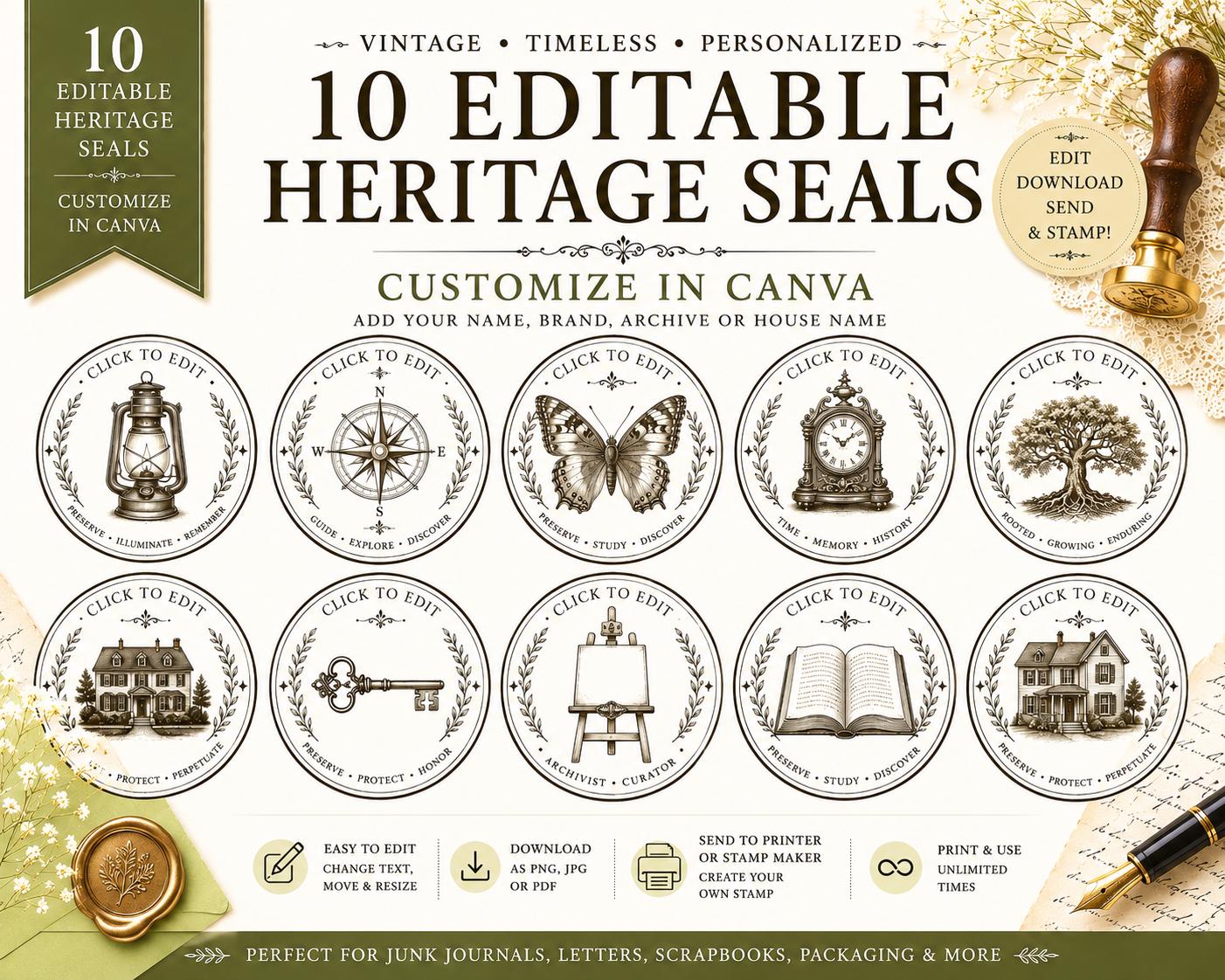 10 Editable Heritage Seal Templates | Canva Vintage Logo Set | Custom Family Crest | Archive & Cottage Branding | Printable Stamp Design