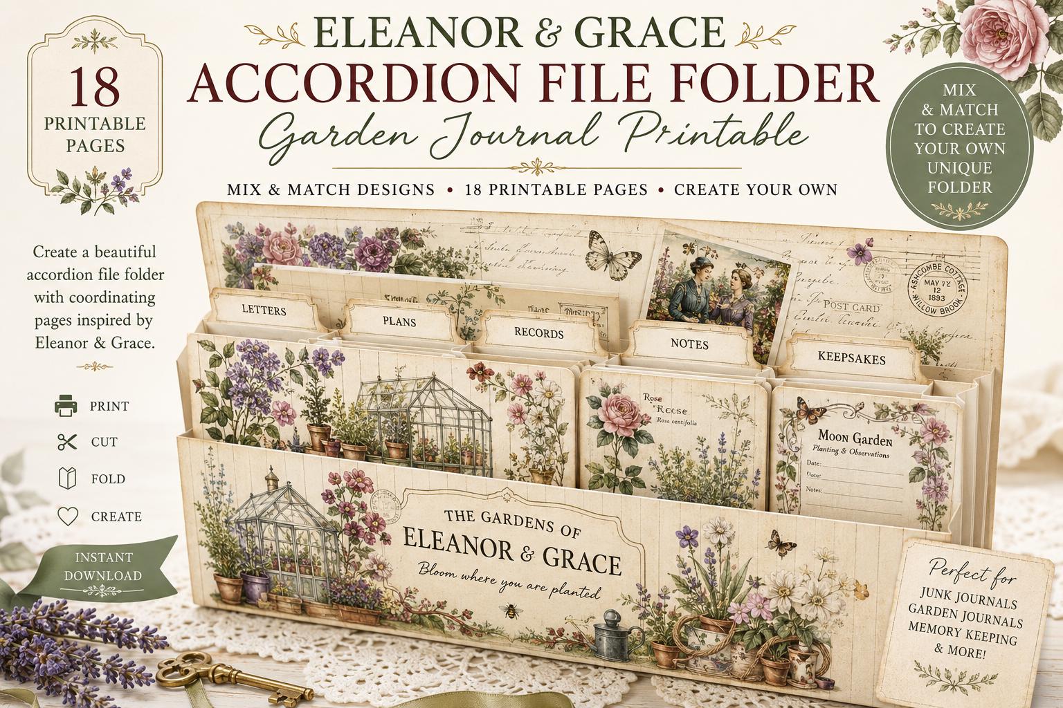 Eleanor & Grace Accordion File Folder | Garden Journal Printable | 18 Page Digital Kit | Junk Journal | Instant Download