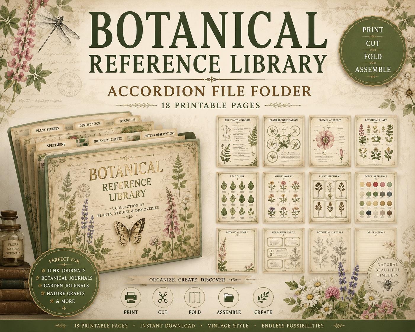 Botanical Reference Library Accordion File Folder Printable | Vintage Plant Study | Junk Journal Kit | Instant Download