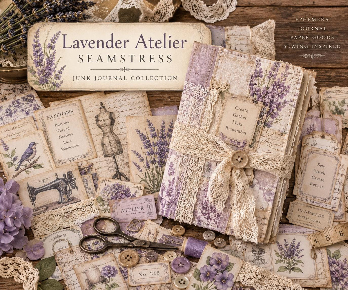 Lavender Atelier Sewing Junk Journal Bundle | Vintage Sewing Ephemera Kit | Lavender Lace Journal Pages | Handmade Junk Journal Kit