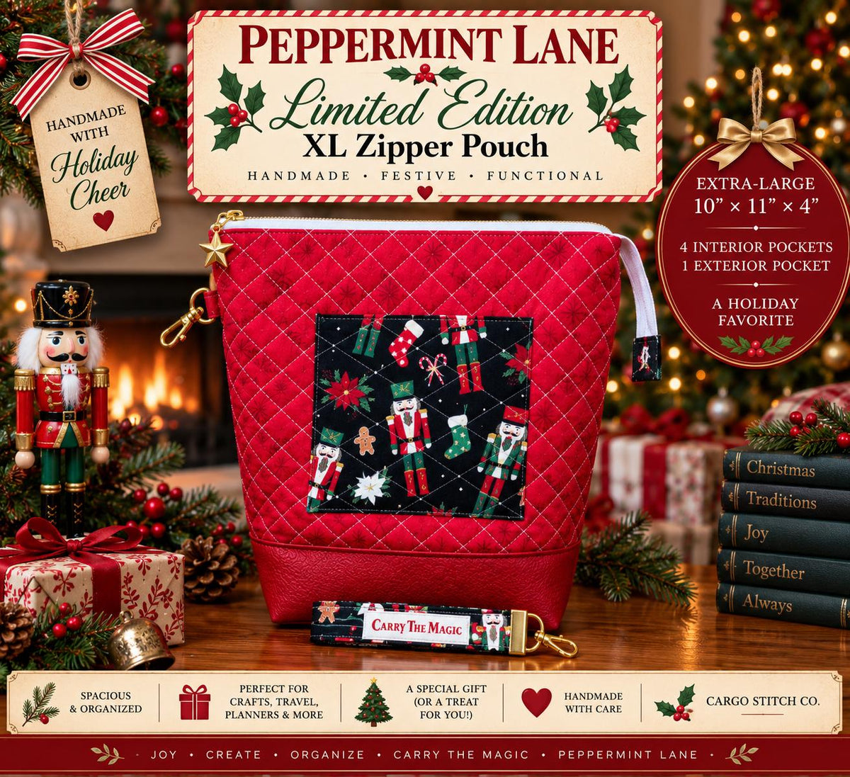 XL Nutcracker Zipper Pouch – Peppermint Lane Extra Large Quilted Project Bag with Pockets – Holiday Makeup Purse– Christmas Gift