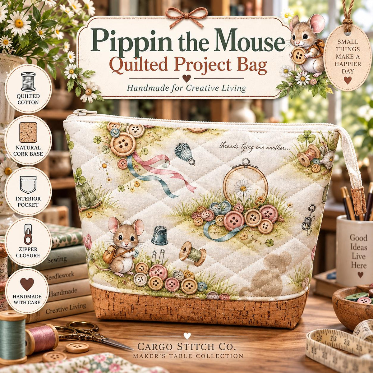 Quilted Sewing Project Bag | Pippin the Mouse Large Craft Organizer | Embroidery Crochet Knitting Bag | Gift for Sewist