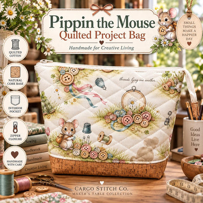 Quilted Sewing Project Bag | Pippin the Mouse Large Craft Organizer | Embroidery Crochet Knitting Bag | Gift for Sewist