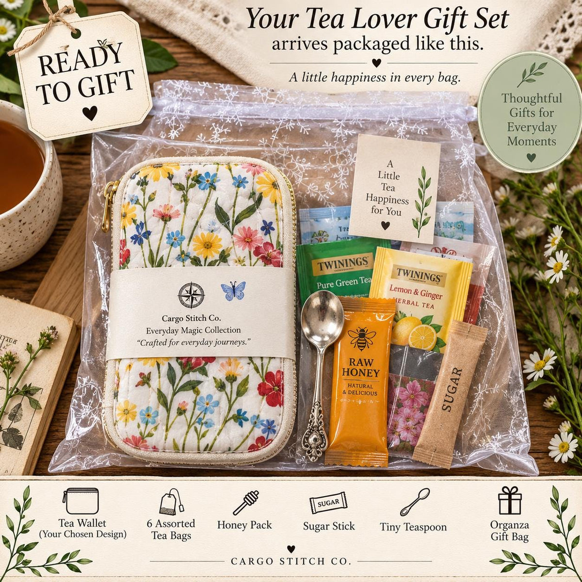 Tea Lover Gift Set | Handmade Quilted Tea Wallet with 6 Teas, Honey & Spoon | Ready to Gift Tea Gift