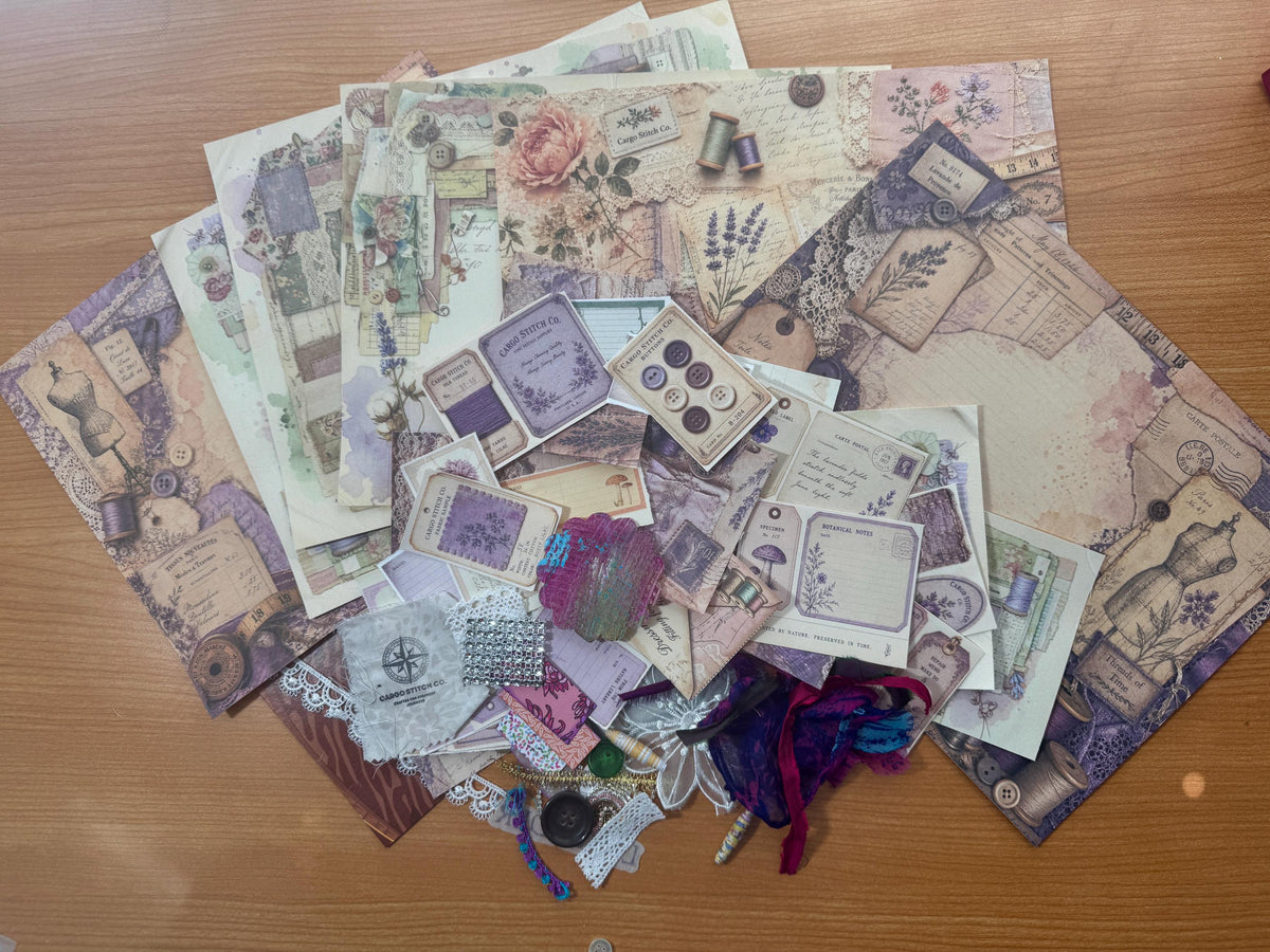 Lavender Atelier Sewing Junk Journal Bundle | Vintage Sewing Ephemera Kit | Lavender Lace Journal Pages | Handmade Junk Journal Kit
