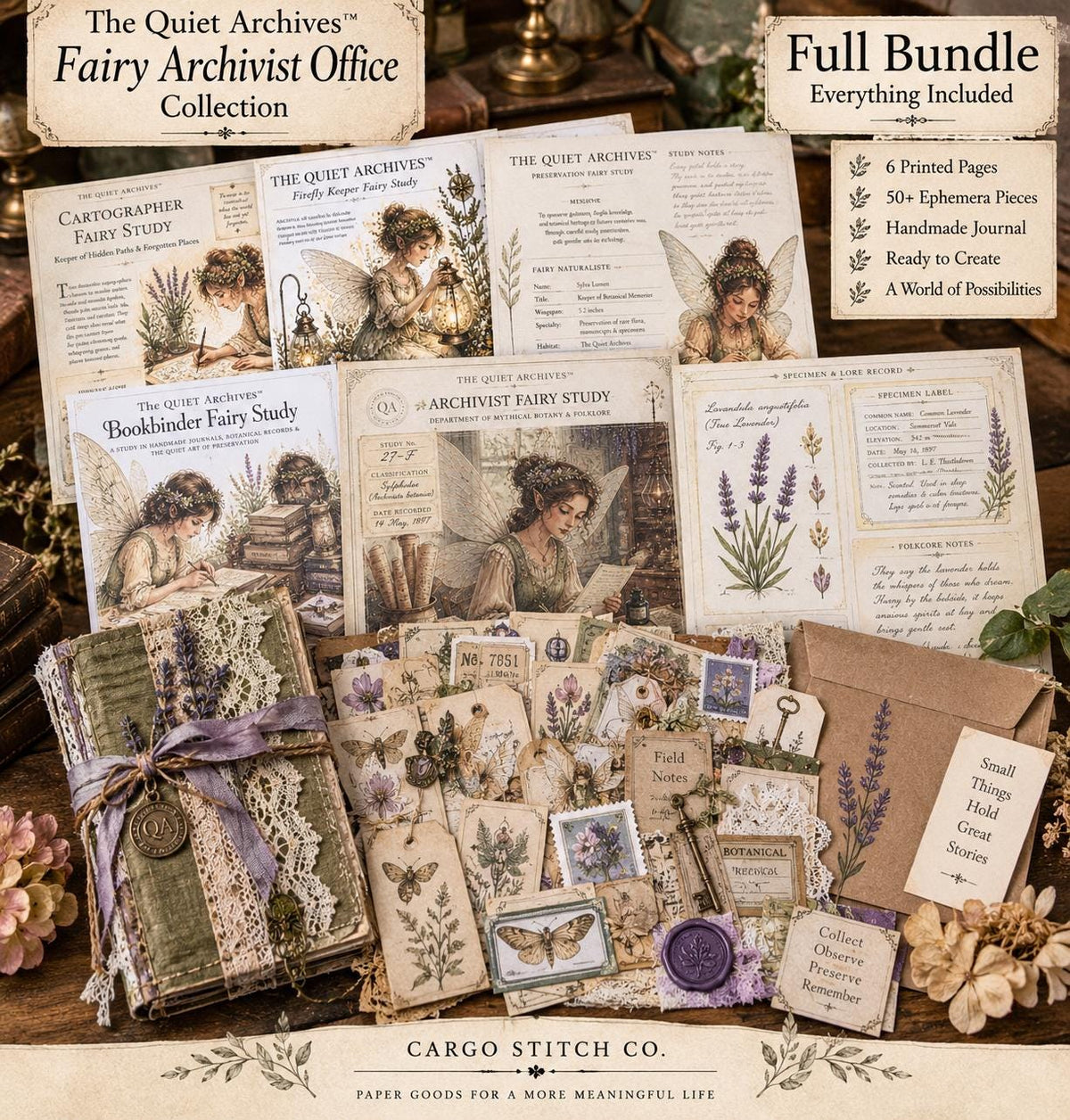 Fairy Archivist Office Junk Journal Ephemera Pack, The Quiet Archives, Vintage Fairy Botanical Papers, Handmade Journal