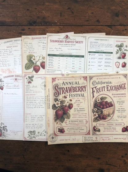 Strawberry Harvest Society Junk Journal Ephemera Pack, Vintage Botanical Garden Journal, Strawberry Paper Craft Bundle
