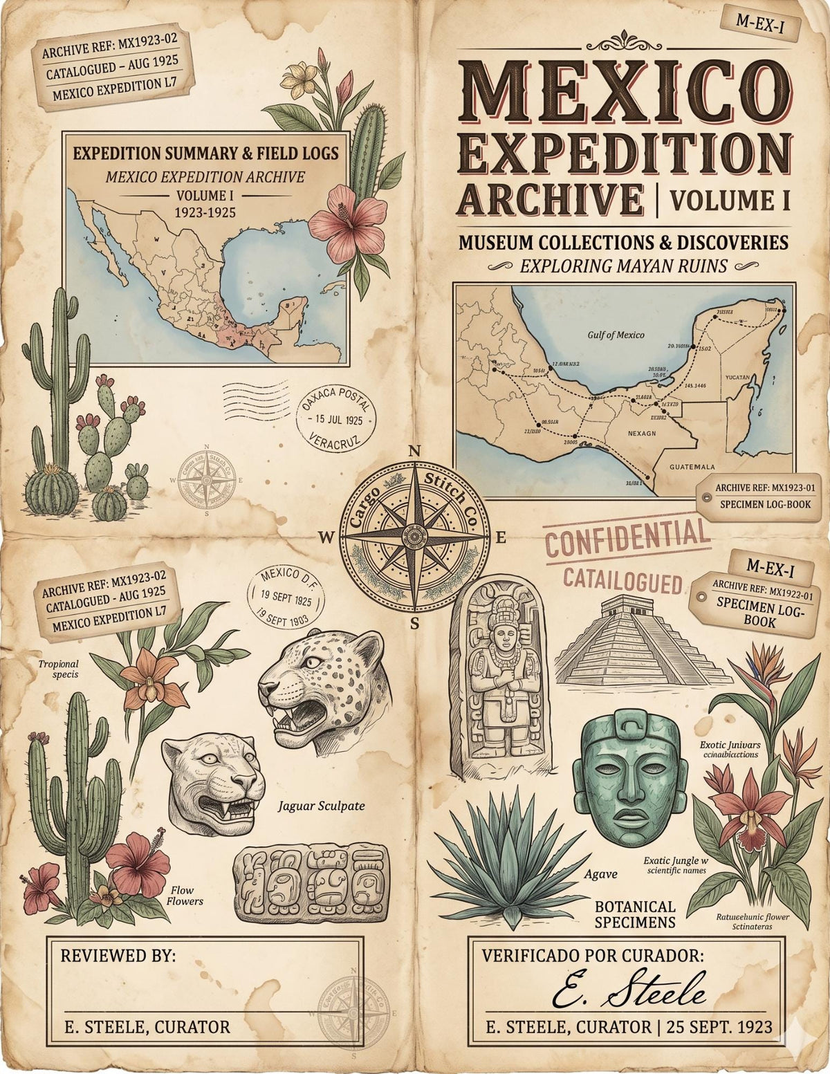 Mexico Expedition Archive Junk Journal Ephemera Pack | Vintage Travel Field Notes | Mexico Botanical & Archaeology Paper Collection