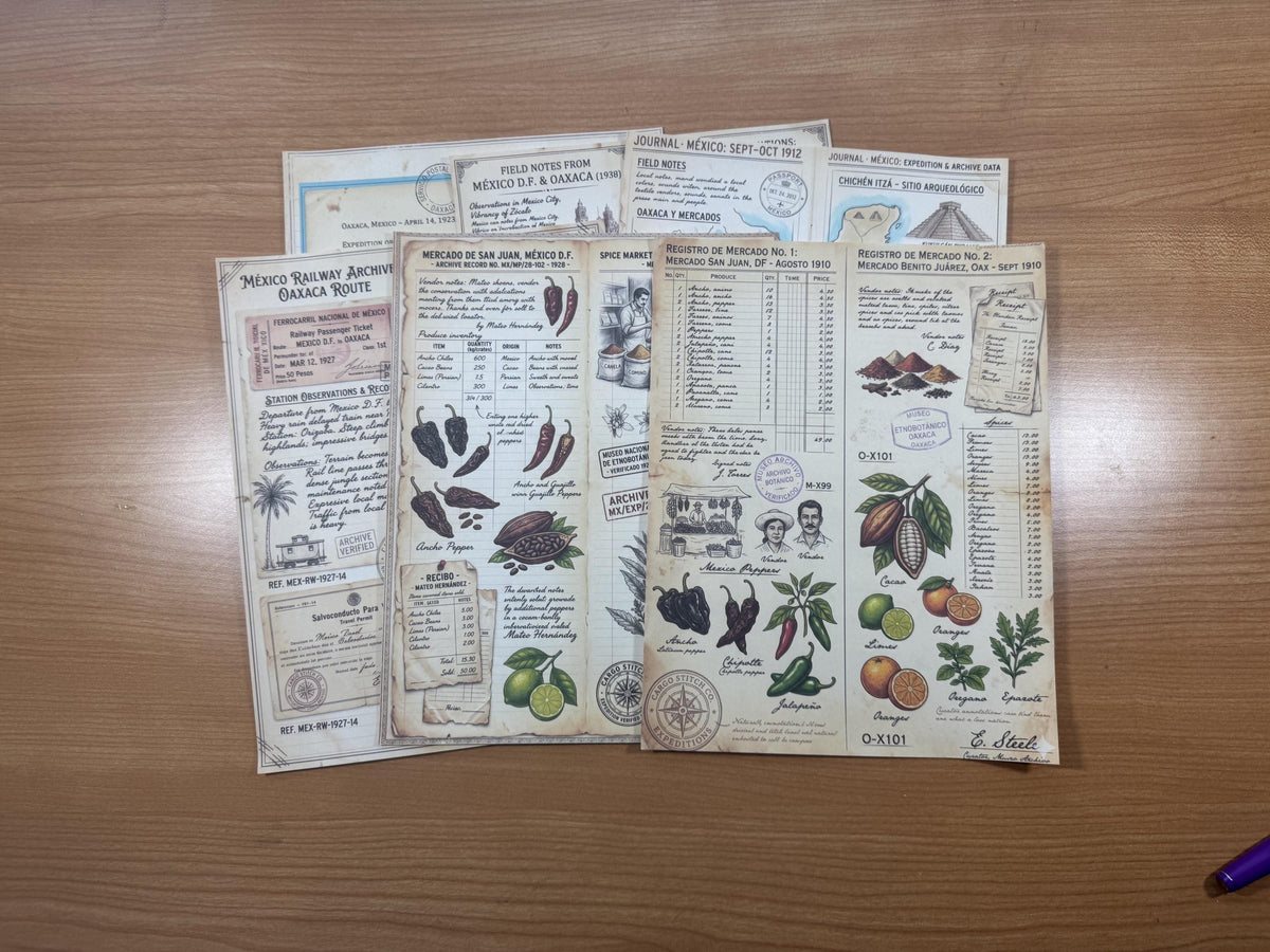 Mexico Expedition Archive Junk Journal Ephemera Pack | Vintage Travel Field Notes | Mexico Botanical & Archaeology Paper Collection