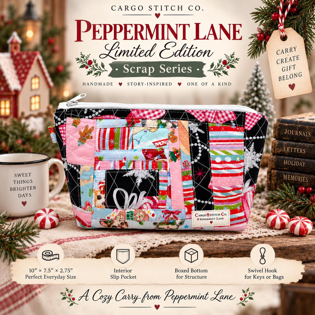 Peppermint Lane Patchwork Quilted Bag, Christmas Zipper Pouch, Handmade Holiday Makeup Bag, Travel & Craft Organizer, Limited Edition