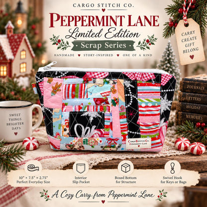 Peppermint Lane Patchwork Quilted Bag, Christmas Zipper Pouch, Handmade Holiday Makeup Bag, Travel & Craft Organizer, Limited Edition