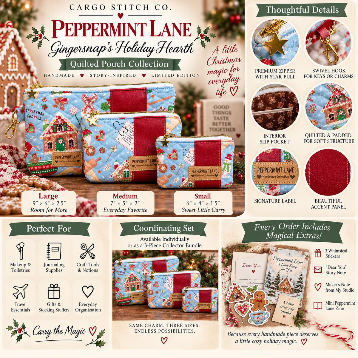 Gingerbread Christmas Quilted Pouch | Peppermint Lane Zipper Bag | Handmade Holiday Makeup Bag | Small Medium Large