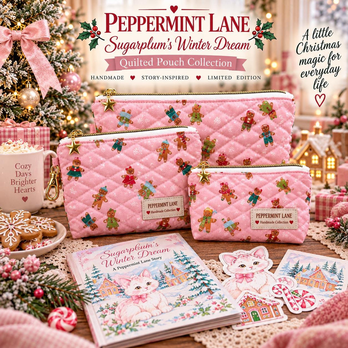 Sugarplum Christmas Quilted Zipper Pouch Bundle, Pink Gingerbread Makeup Bag, Peppermint Lane Limited Edition, Handmade Holiday Gift