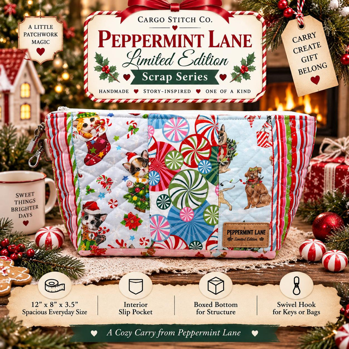 Peppermint Lane Quilted Zipper Pouch | Large Christmas Patchwork Bag | Handmade Scrap Series | Makeup Craft Travel Bag
