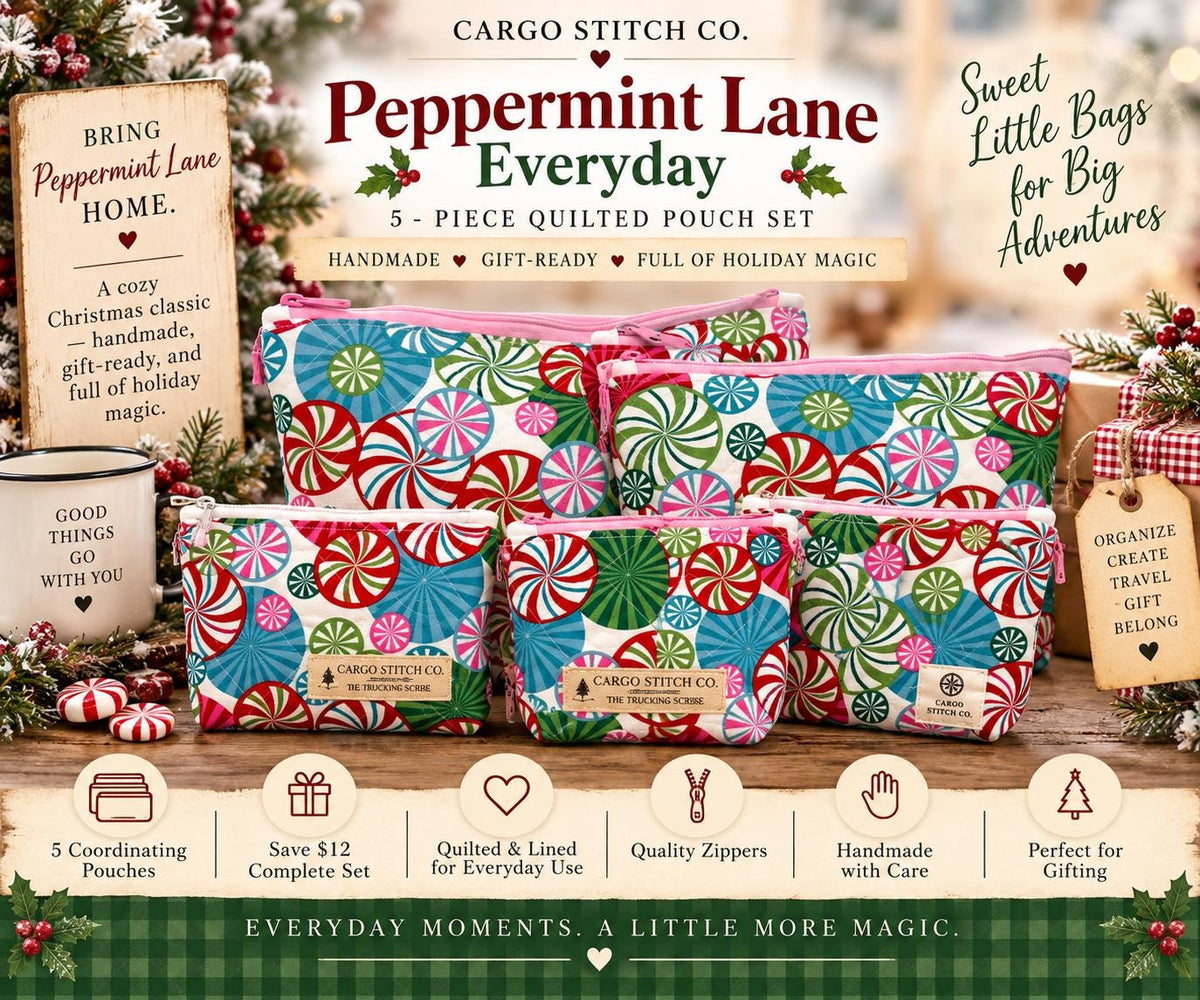Peppermint Christmas Quilted Pouch Set | 5 Piece Zipper Pouch Bundle | Makeup Travel Craft Bags | Peppermint Lane