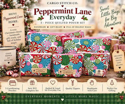 Peppermint Christmas Quilted Pouch Set | 5 Piece Zipper Pouch Bundle | Makeup Travel Craft Bags | Peppermint Lane