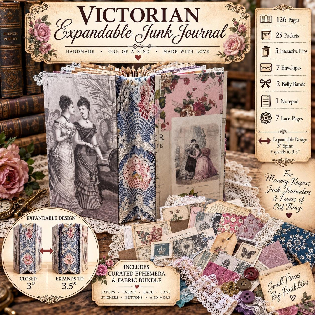 Victorian Expandable Envelope Junk Journal | Handmade Coffee Dyed Journal | 126 Pages | Interactive Journal Pockets, Envelopes & Ephemera