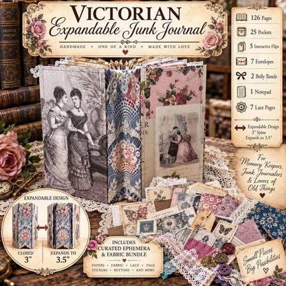 Victorian Expandable Envelope Junk Journal | Handmade Coffee Dyed Journal | 126 Pages | Interactive Journal Pockets, Envelopes & Ephemera