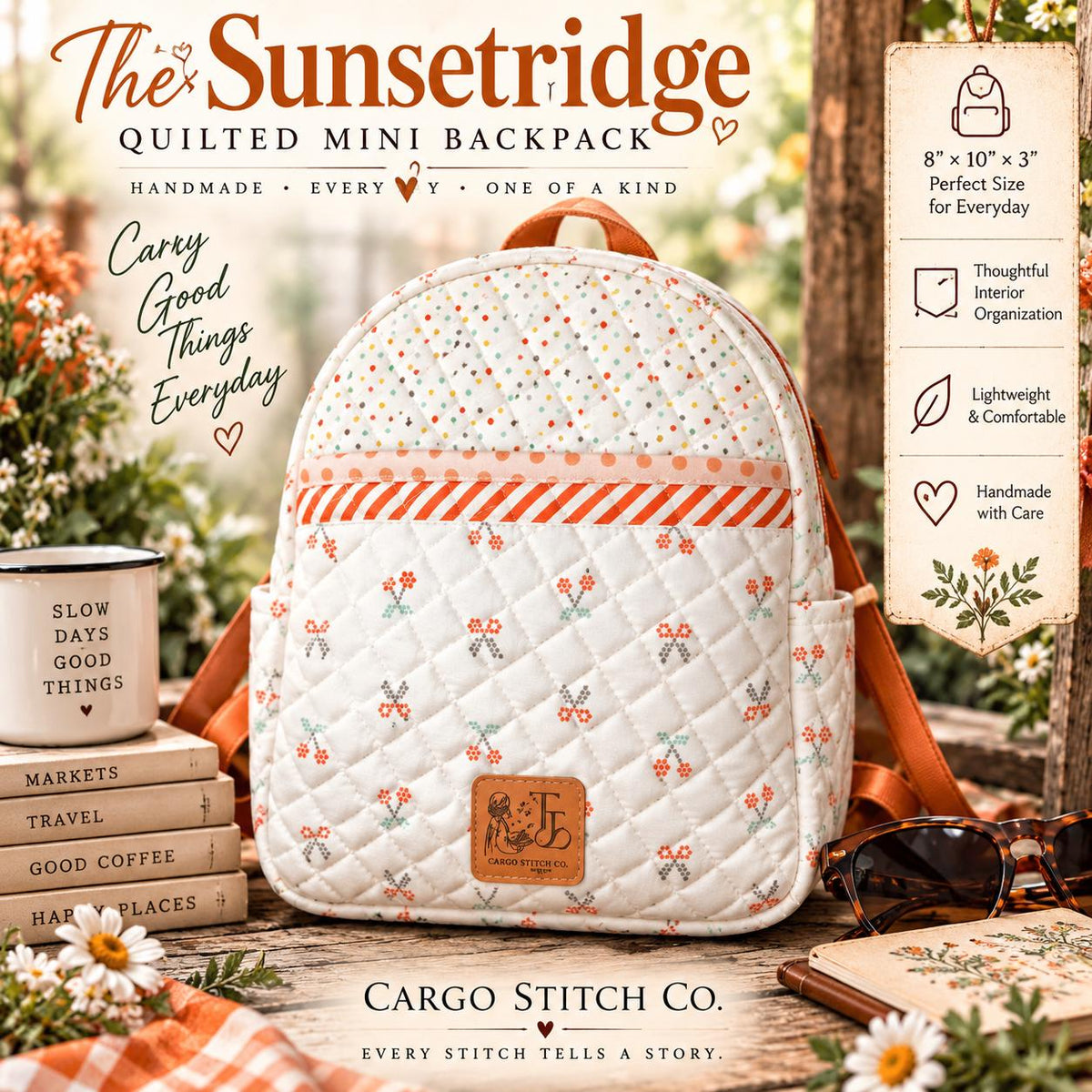 Quilted Mini Backpack | Small Handmade Backpack | Floral Cotton Day Bag | Lightweight Travel Purse | Sunsetridge