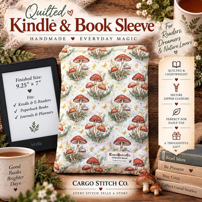 Quilted Book Sleeve – Mushroom Meadow | Everyday Magic Zippered Pouch for Kindle, Books & Journals