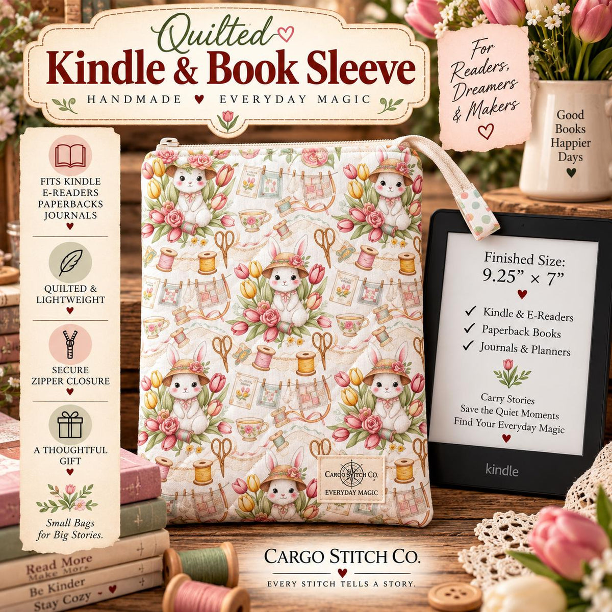 Kindle Sleeve with Zipper | Quilted E-Reader Case | Book Sleeve for Paperback & Journal | Bunny Sewing Gift