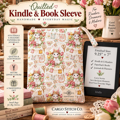 Kindle Sleeve with Zipper | Quilted E-Reader Case | Book Sleeve for Paperback & Journal | Bunny Sewing Gift