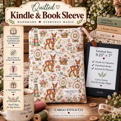 Kindle Sleeve with Zipper | Quilted E-Reader Case | Book Sleeve for Paperback & Journal | Woodland Deer Gift