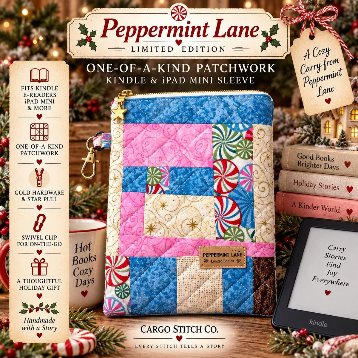 Patchwork Kindle Sleeve | Quilted iPad Mini Case | Christmas E-Reader Sleeve | Peppermint Lane Limited Edition