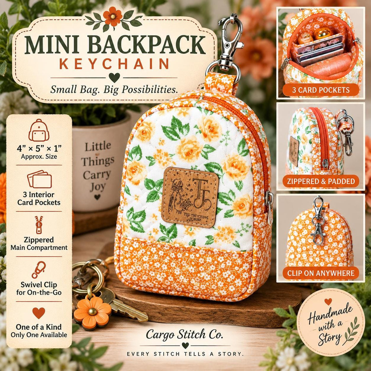 Mini Backpack Keychain | Quilted Zipper Coin Pouch | Small Clip On Bag | Card Holder Keychain | Orange Floral