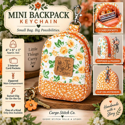 Mini Backpack Keychain | Quilted Zipper Coin Pouch | Small Clip On Bag | Card Holder Keychain | Orange Floral