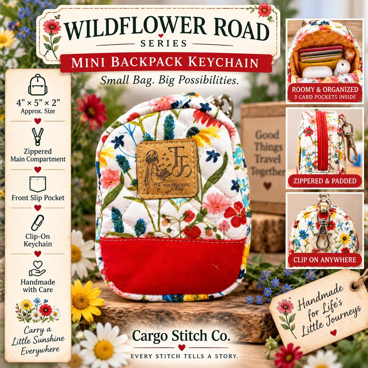 Wildflower Mini Backpack Keychain | Quilted Floral Coin Pouch | Clip-On Bag Charm | Handmade Zipper Pouch